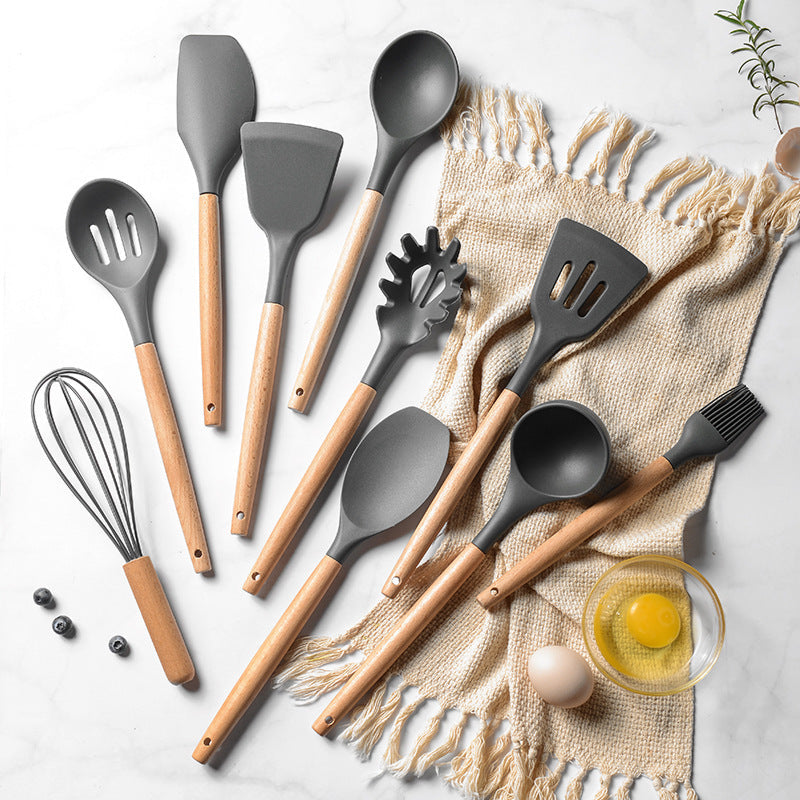12-piece Non-stick Cooking Wooden Handle Silicone Kitchenware Set