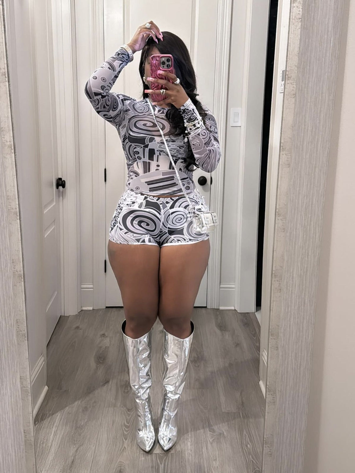 Tight-fitting Printed Crew-neck Stretchy Casual Long-sleeve Shorts Set