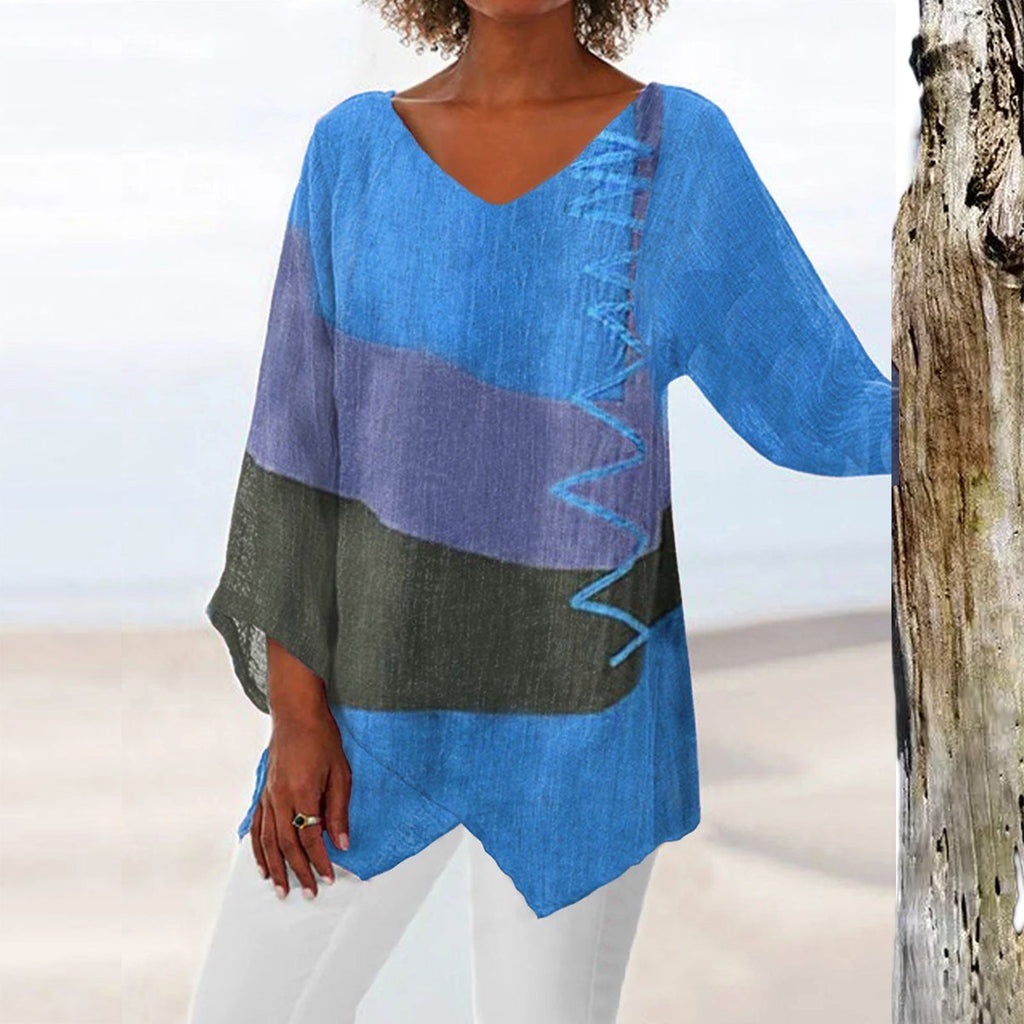 Ins Colorblock Print V-neck Long Sleeve T-Shirt Fashion Loose Tops Autumn And Spring Women's Clothing