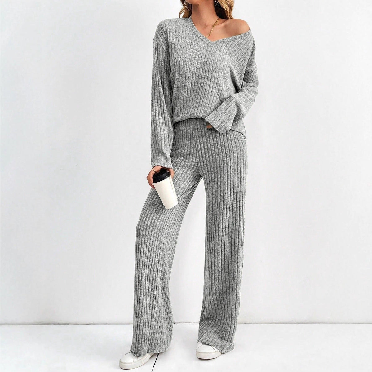 Women's Fashion Casual Straight Pants Temperament V-neck Sunken Stripe Knitting Suit