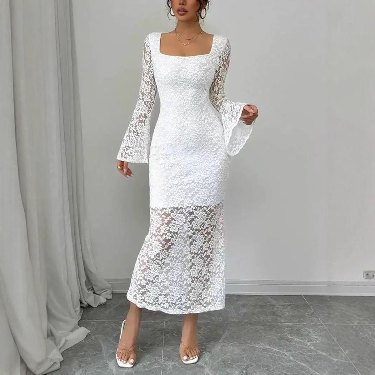 Fashionable Lace-Patchwork Square-Neck Flared-Sleeve Bodycon Dress