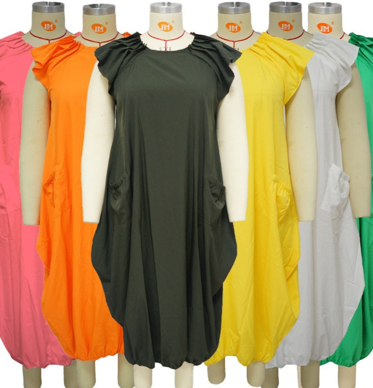 Women's Plus-Size Solid-Color Loose Dress With Two Pockets
