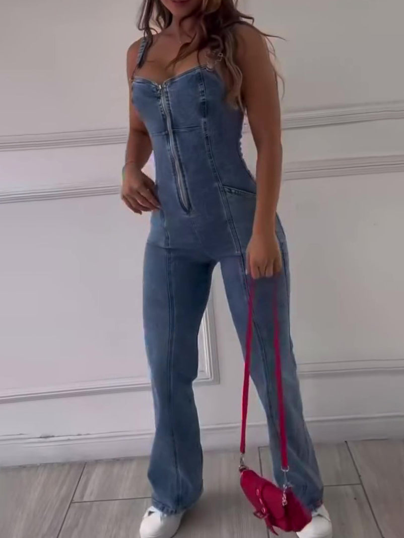 Sleeveless Paneled Zipper Denim Jumpsuit