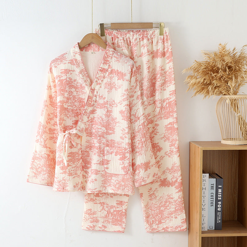 Pure Cotton Gauze Lace-up Long Sleeve Trousers Elegant Cotton Homewear Suit