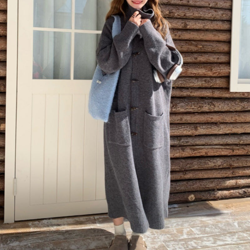 Women's Horn Button Cardigan Sweater - Mid-Length Turn-Down Collar Coat