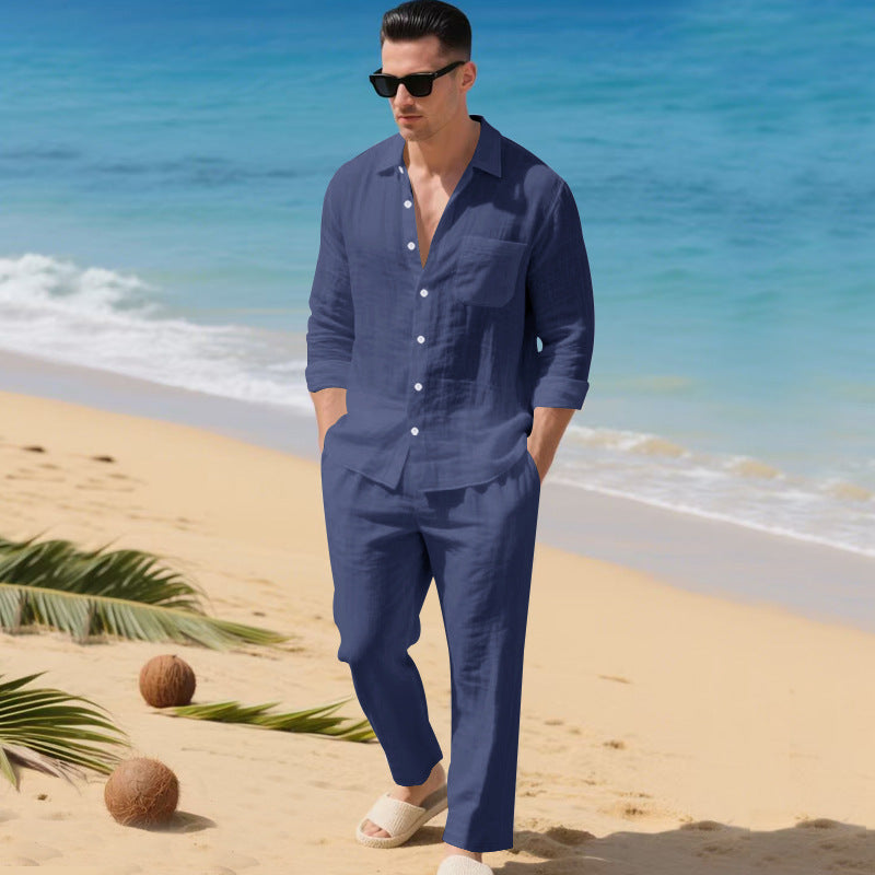 Beach Leisure Loose Collar Shirt Long Sleeve Pants Set