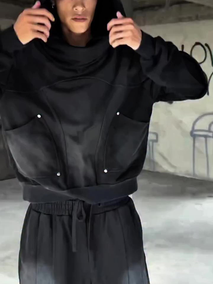 Black Structural Panel Cropped Hoodie