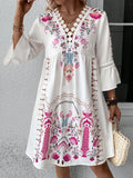 V-neck Lace Patchwork Casual Versatile Printed Dress