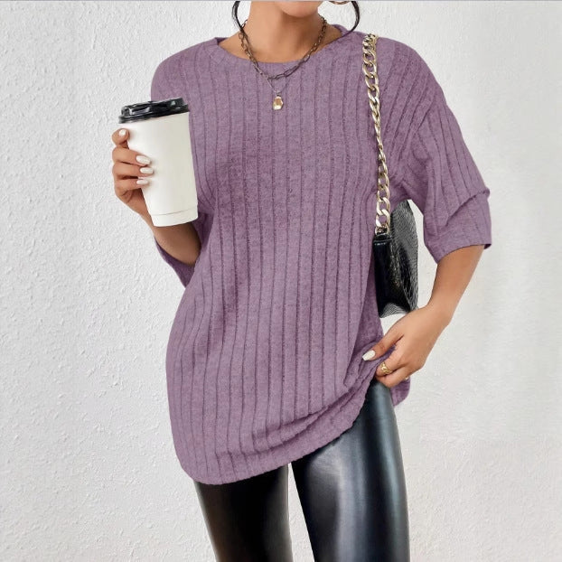 Women's Solid-Color Ribbed Brushed Knit Loose Short-Sleeve Top