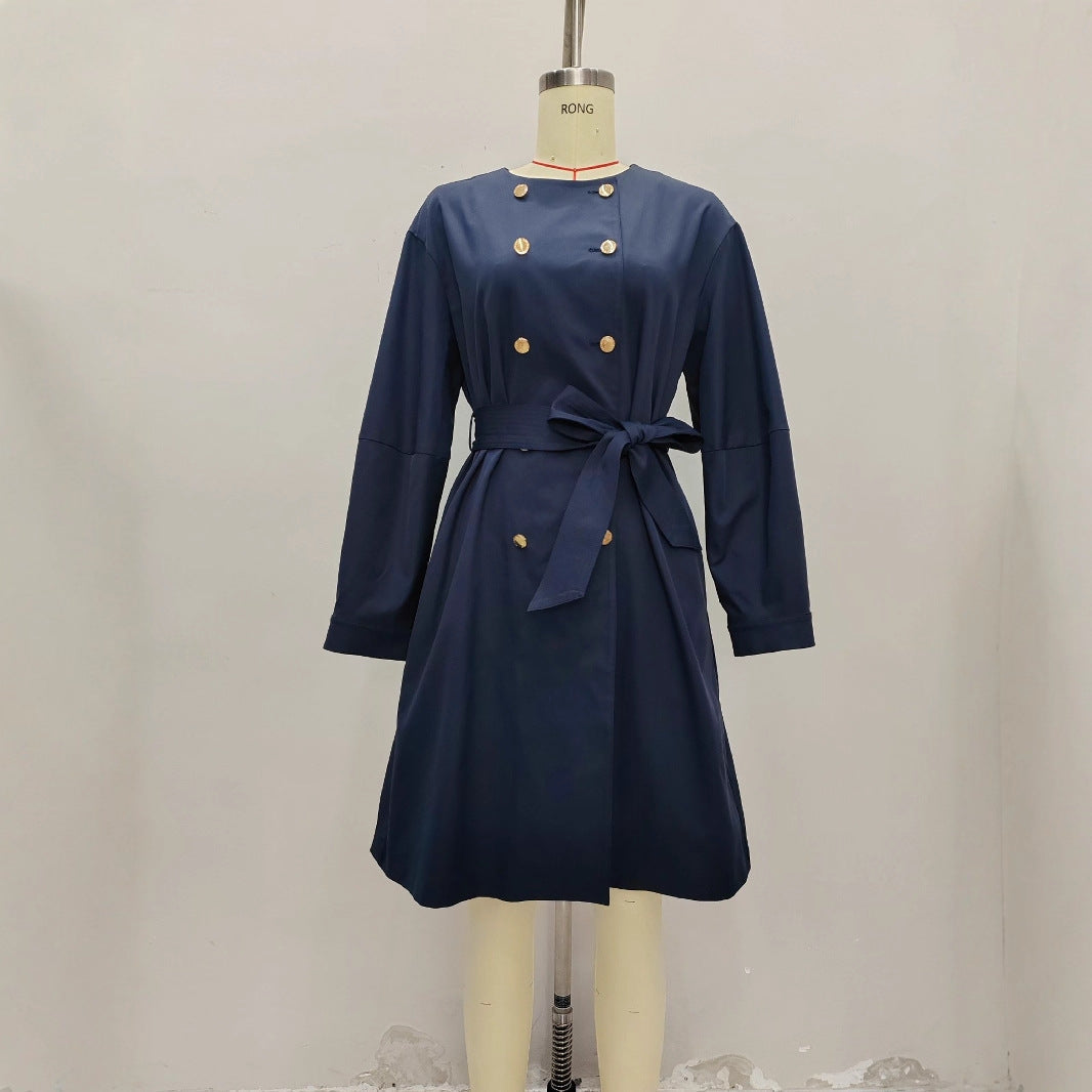 Elegant Round Neck Waist Trimming Elegant Trench Coat