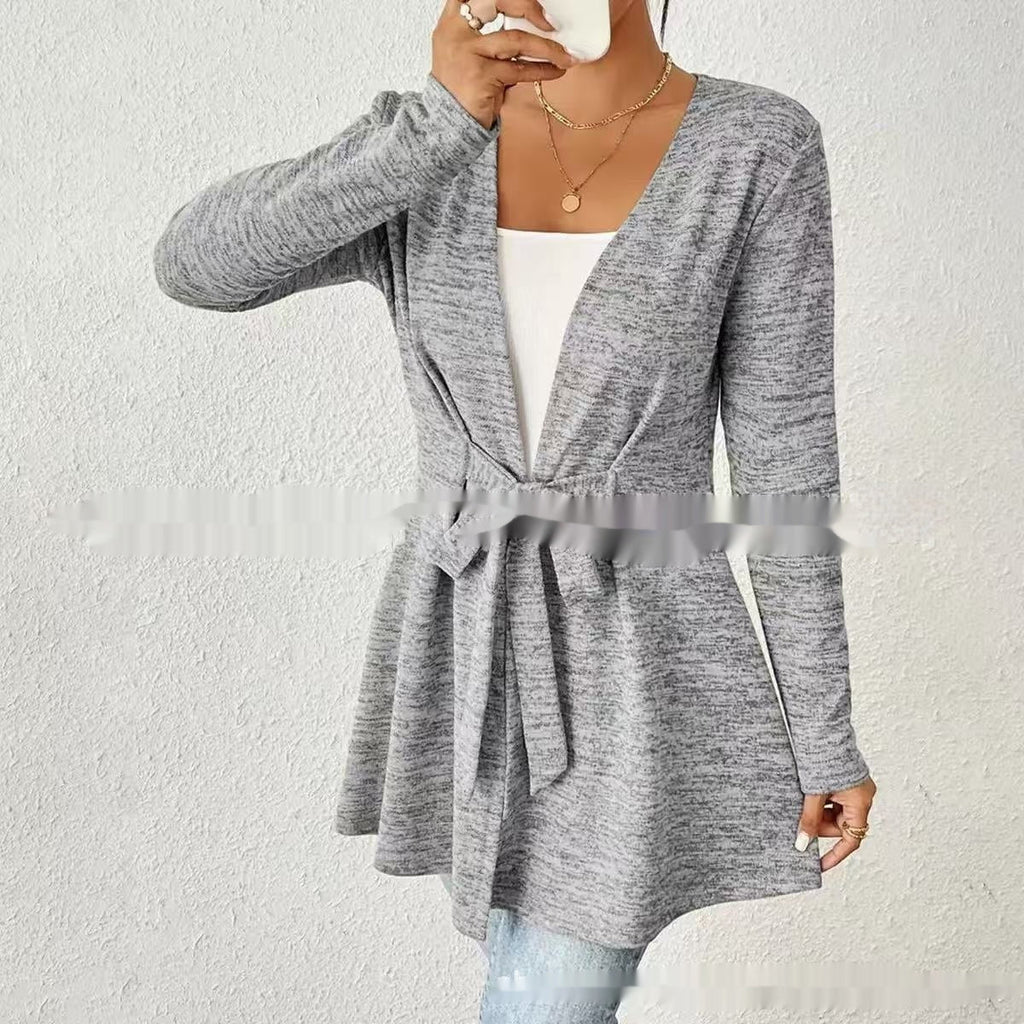 Solid Color Long Sleeve Lace Up Casual Loose Cardigan Top Women's Coat