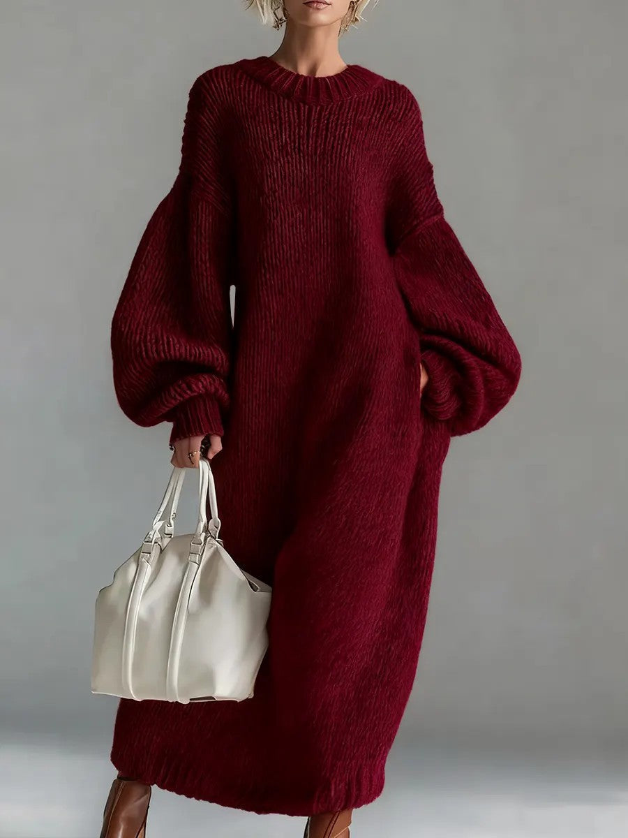 Crew-neck Loose-fit Lantern-sleeve Long Knit Sweater Dress