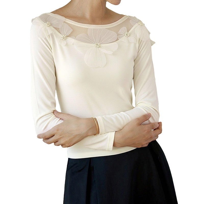 Elegant Commuter-Style Slim-Fit Solid-Color Top With Three-Dimensional Floral Mesh Panels