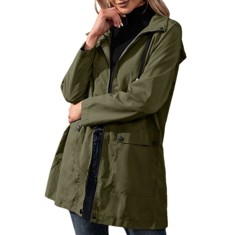 Casual Mid-length Zipper Waterproof Hooded Trench Coat