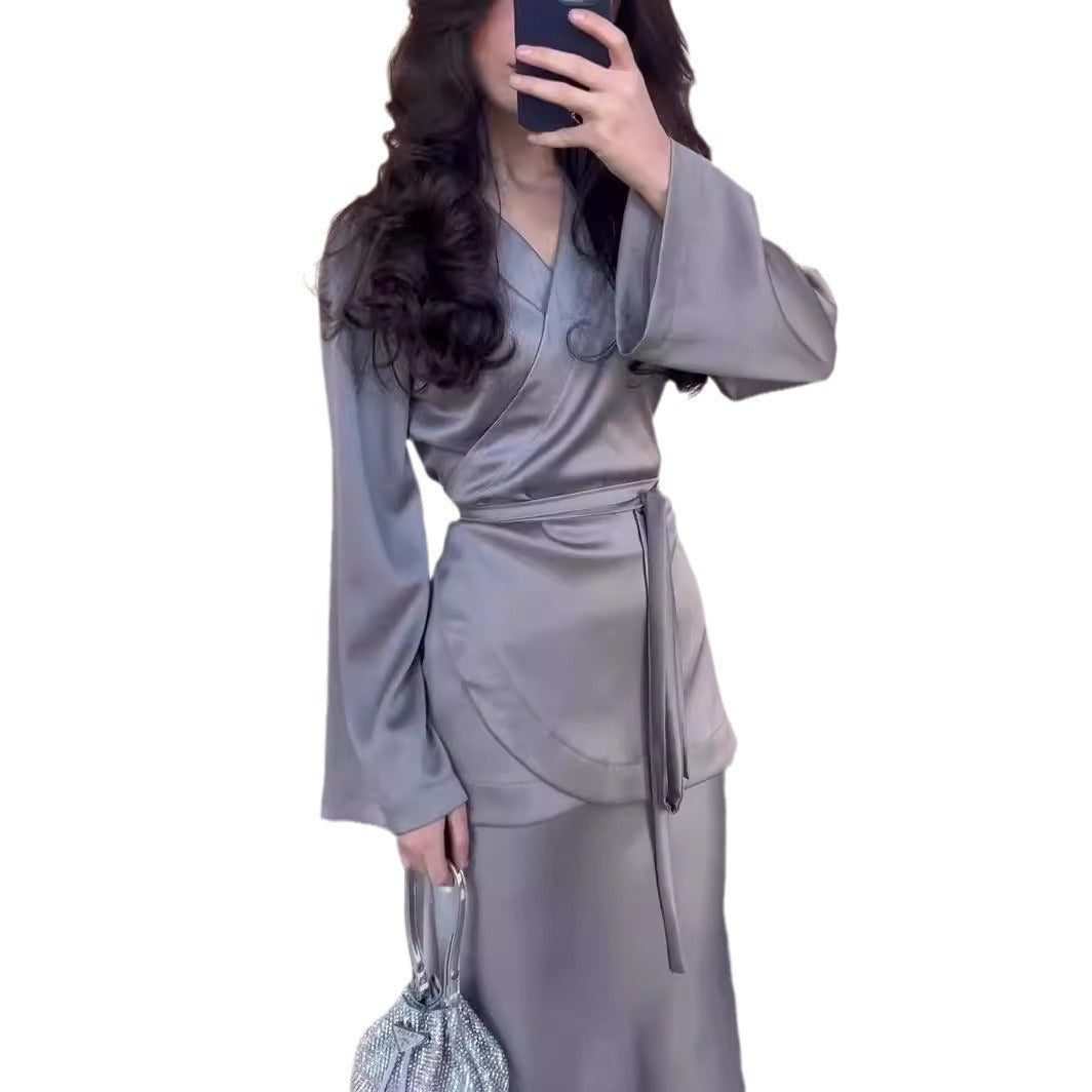 Fashion Satin Patchwork Long Dress Suit Women
