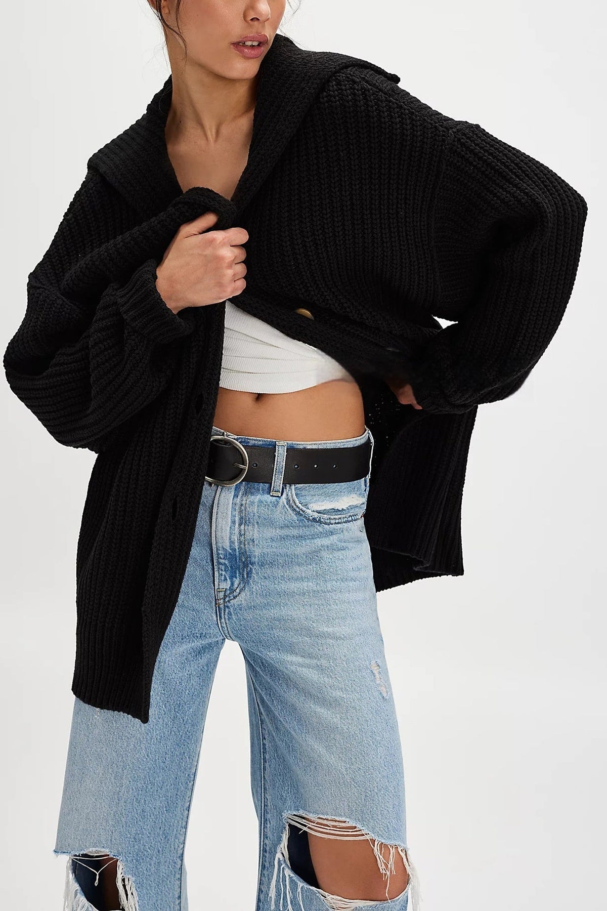 Women's Fashionable Lapel-Neck Loose-Fit Plus-Size Sweater Coat