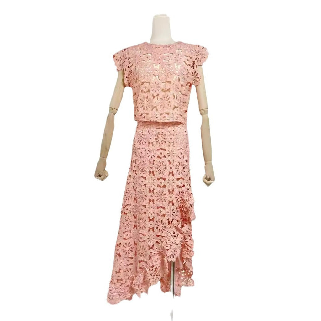 Embroidered Flower Top Ruffled Patchwork Long Dress Suit Women