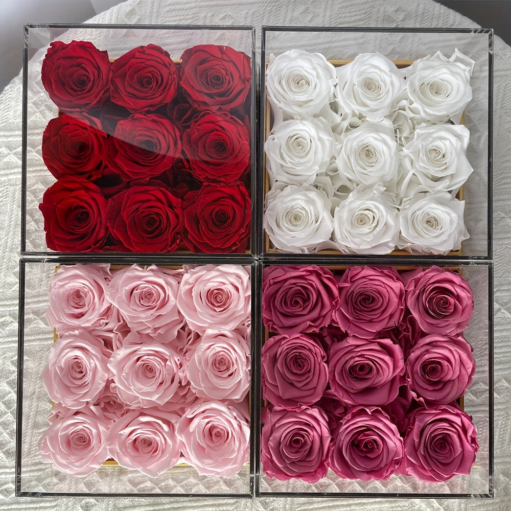 9 Eternal Preserved Roses in White Gift Box with Acrylic Cover