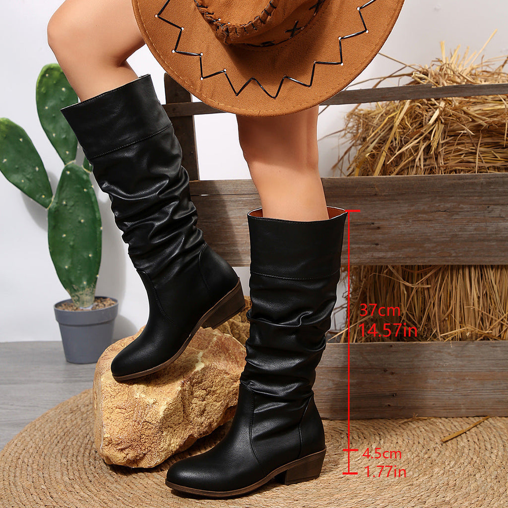 Foreign Trade Large Size Pleated High Leg Boot British Style Women