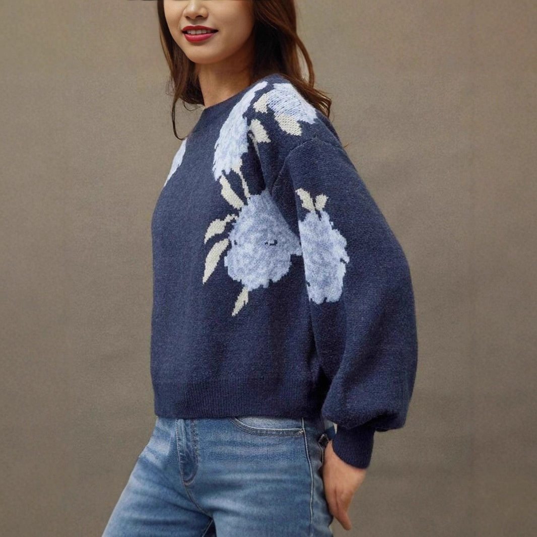 Off-neck Flower Jacquard Pullover Women's Loose Casual