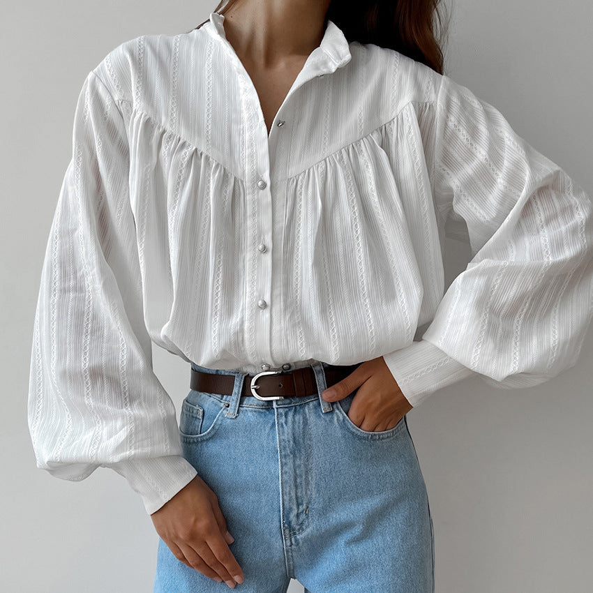 Simple Jacquard Top With A Stand-up Collar And Slightly Puffed Sleeves