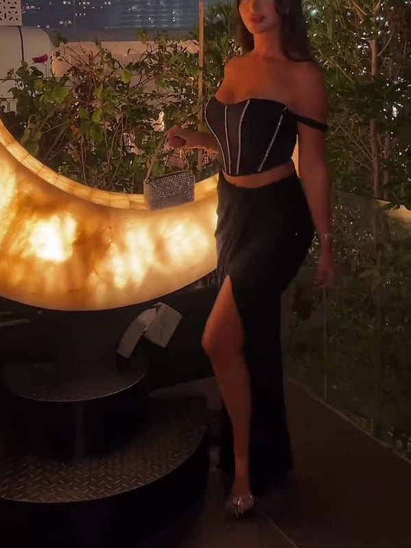 Off-the-shoulder Vest Sequined Skirt Suit
