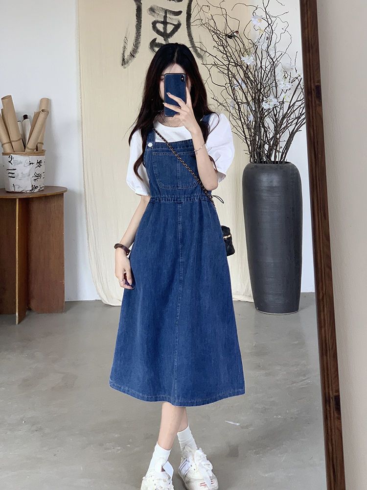 Mid-length Denim Overall Dress For Summer