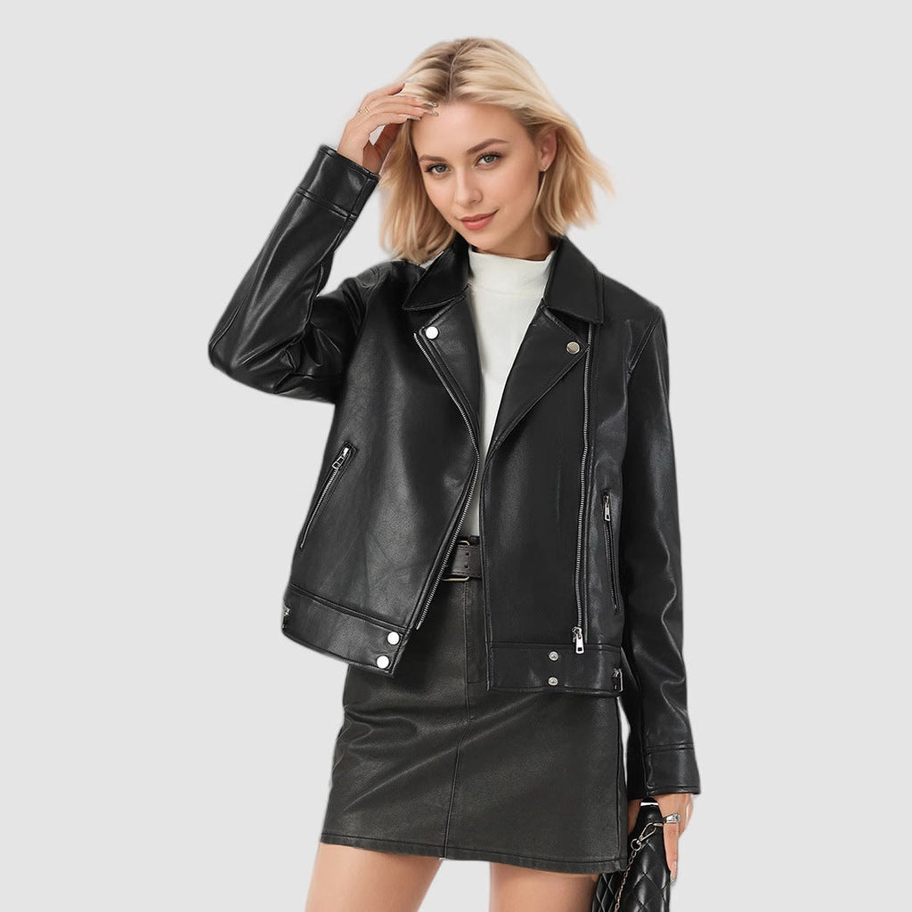 Women's Short Leather Jacket With A Turn-down Collar