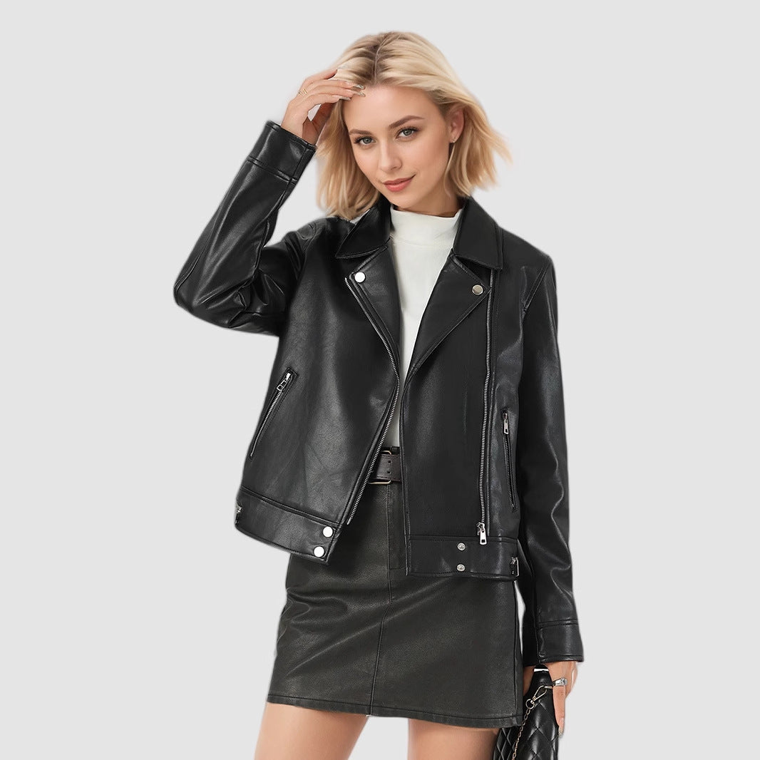Women's Short Leather Jacket With A Turn-down Collar