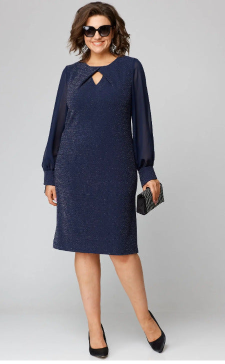 Solid Color Dress Mesh Chiffon Long Sleeve Round Neck