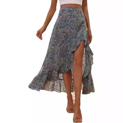 Printed Ruffled Side Slit Skirt