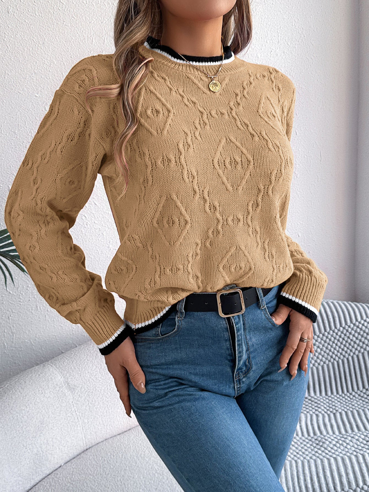 Women Casual Color Block Cable Knit Long Sleeve Pullover Sweater