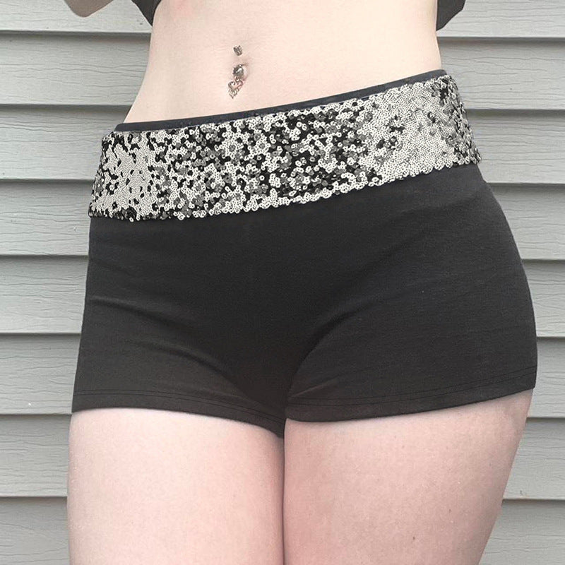 American-style Edgy Sassy Sequined Patchwork Shorts With A High Waist