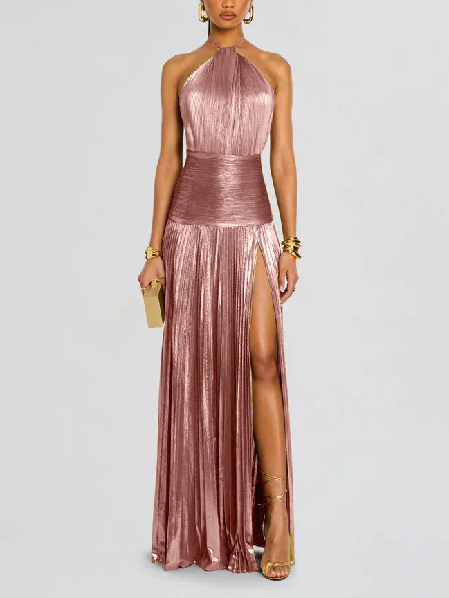 Sexy Pleated Halter Neck Long Dresses Summer Split Sleeveless Dress Evening Party Club Women's Clothing