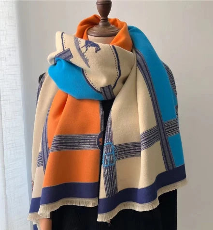 Winter Scarf Cashmere Shawl Women Color Blocked Horse Pattern Reversible Scarf With Tassel Pashmina Shawls And Wraps
