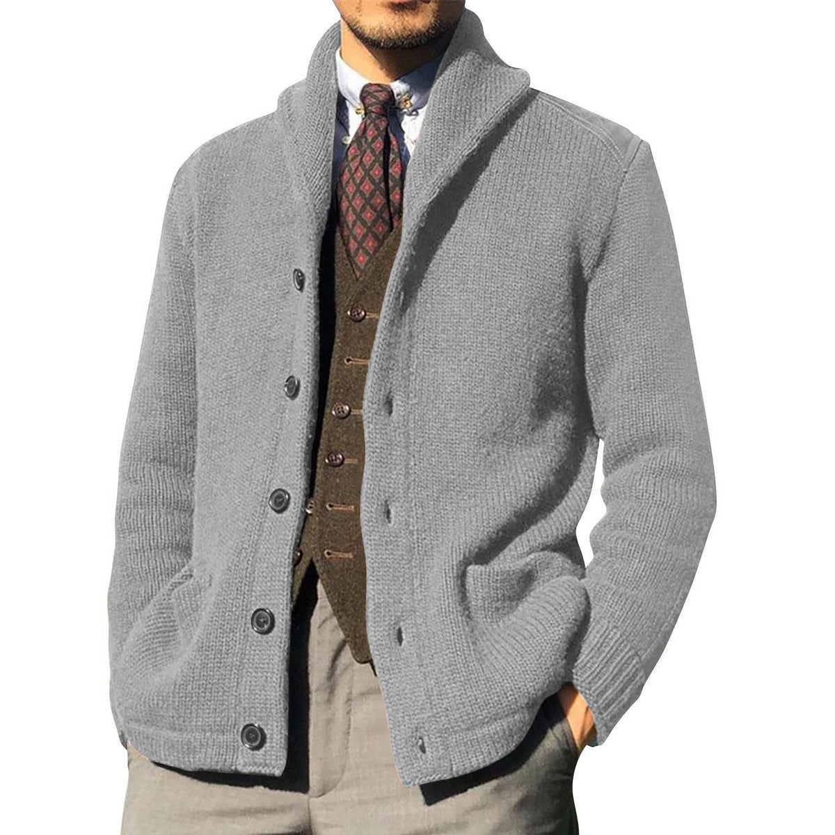 New Sweater Men's Euro American Solid Long Sleeve Knitted Cardigan