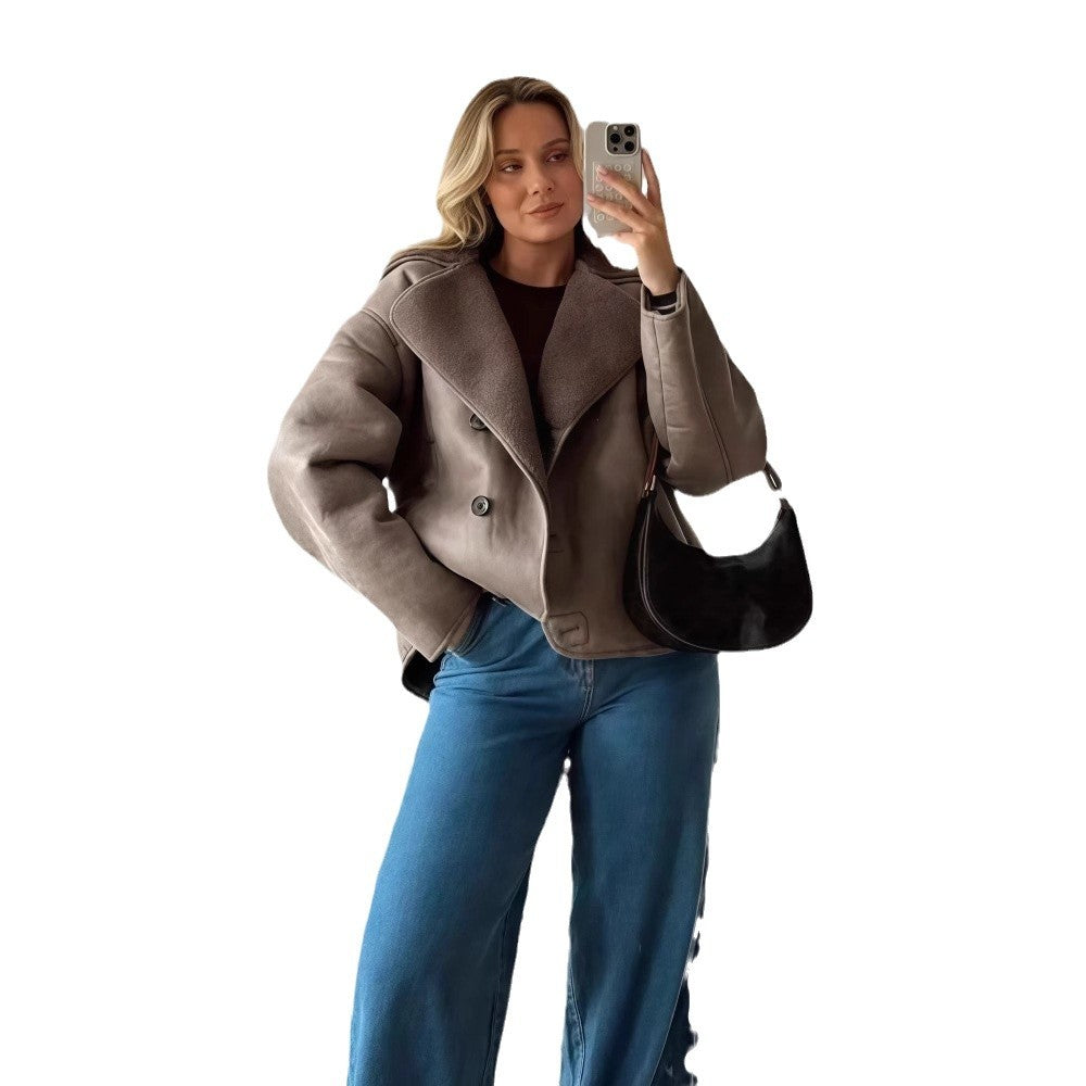 Vintage Lambswool Lapel Long-sleeve Jacket For Women