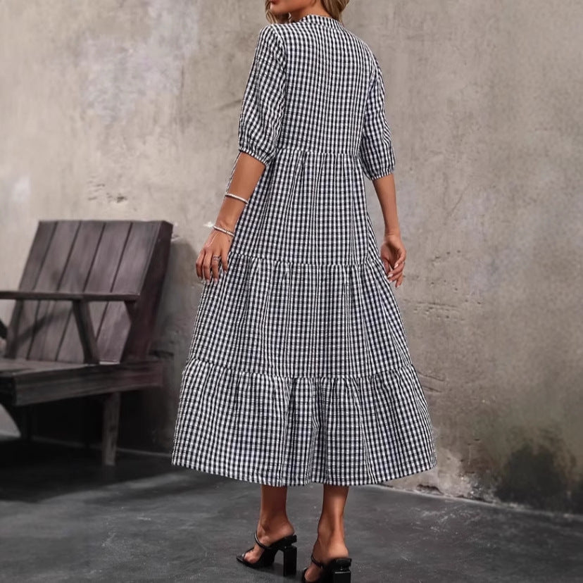 Bubble-sleeve Crew-neck Loose-fit Dubai Dress