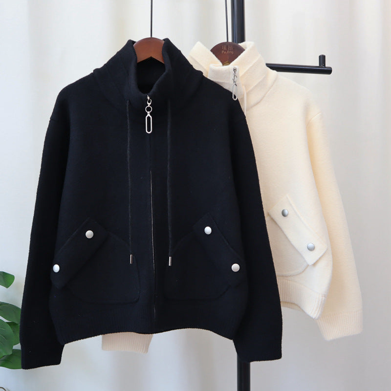 Loose Versatile Zipper Knitted Double-faced Woolen Goods Solid Color Coat For Women