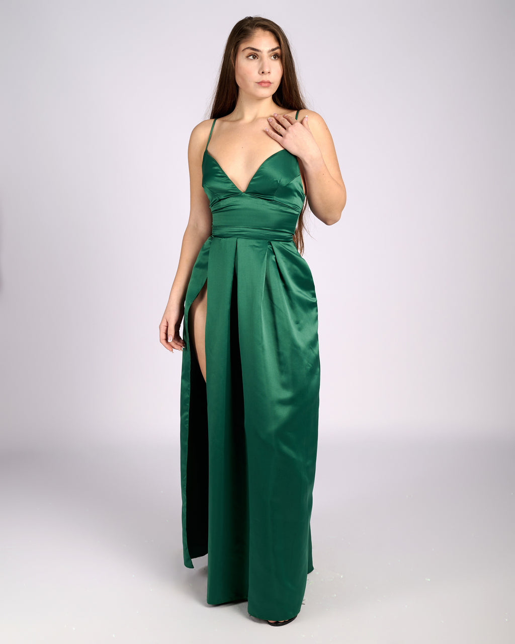 Ofelia Emerald Satin High Slit Dress " φορέματα βραδινά " foremata gia gamo