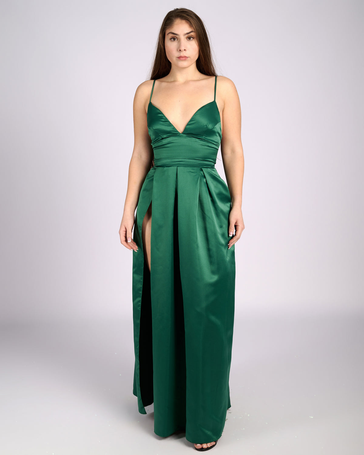 Ofelia Emerald Satin High Slit Dress " φορέματα βραδινά " foremata gia gamo