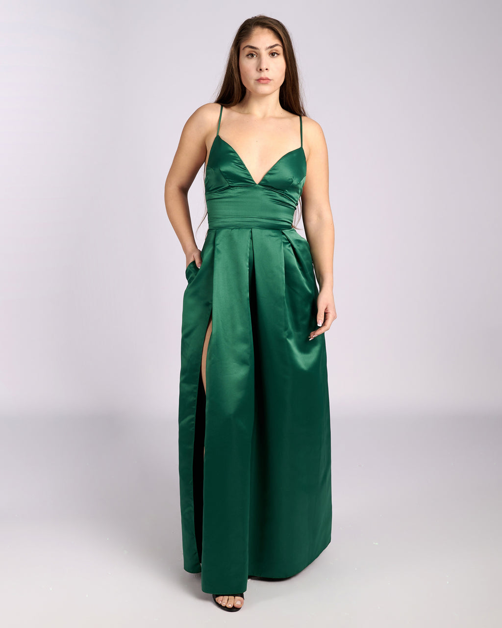 Ofelia Emerald Satin High Slit Dress " φορέματα βραδινά " foremata gia gamo